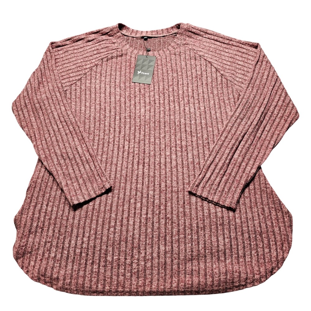 NWT‎ Ficerd Womens 3XL Ribbed Raglan Long Sleeve Top Burgundy Marled Curved Hem
